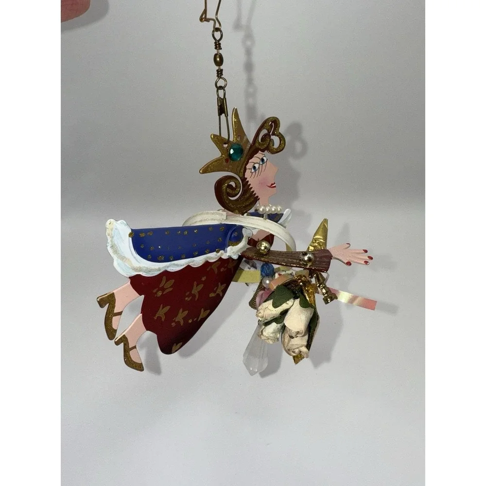 Vintage Kurt Adler Flying Queen Ornament Mixed Media Wood Metal Pearls RARE Y2K‎
